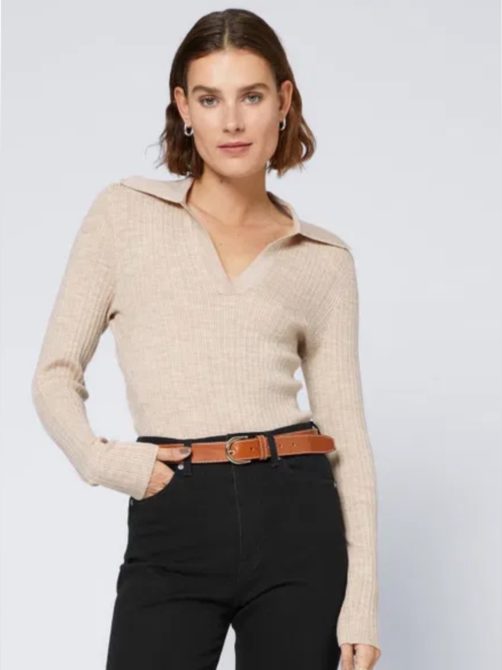 & Other Stories Fitted Beige Ribbed V-Neck Polo Sweater - Women